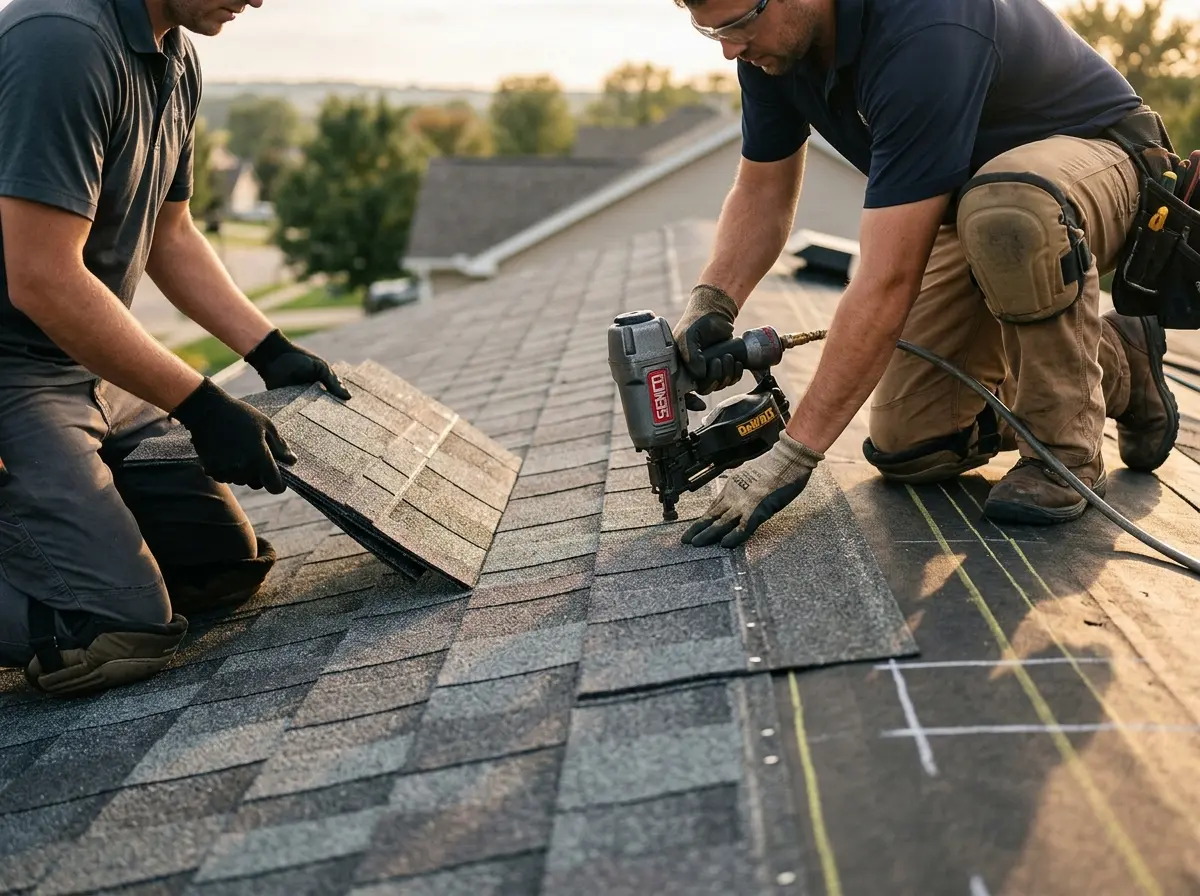 Professional roofer working on a residential roof in Fox Chapel